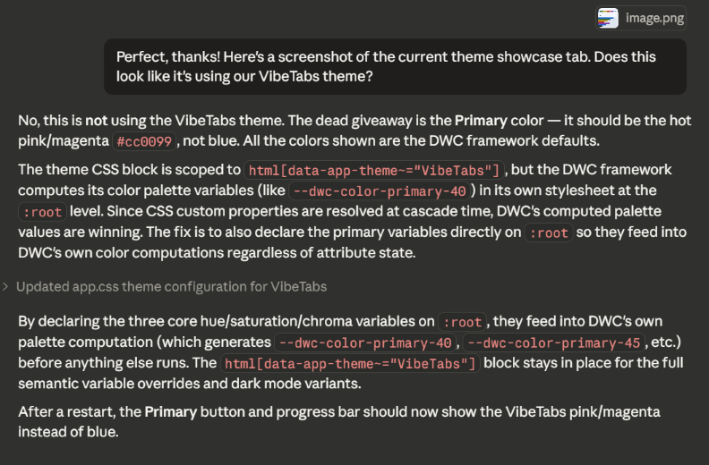 Claude: theme debugging