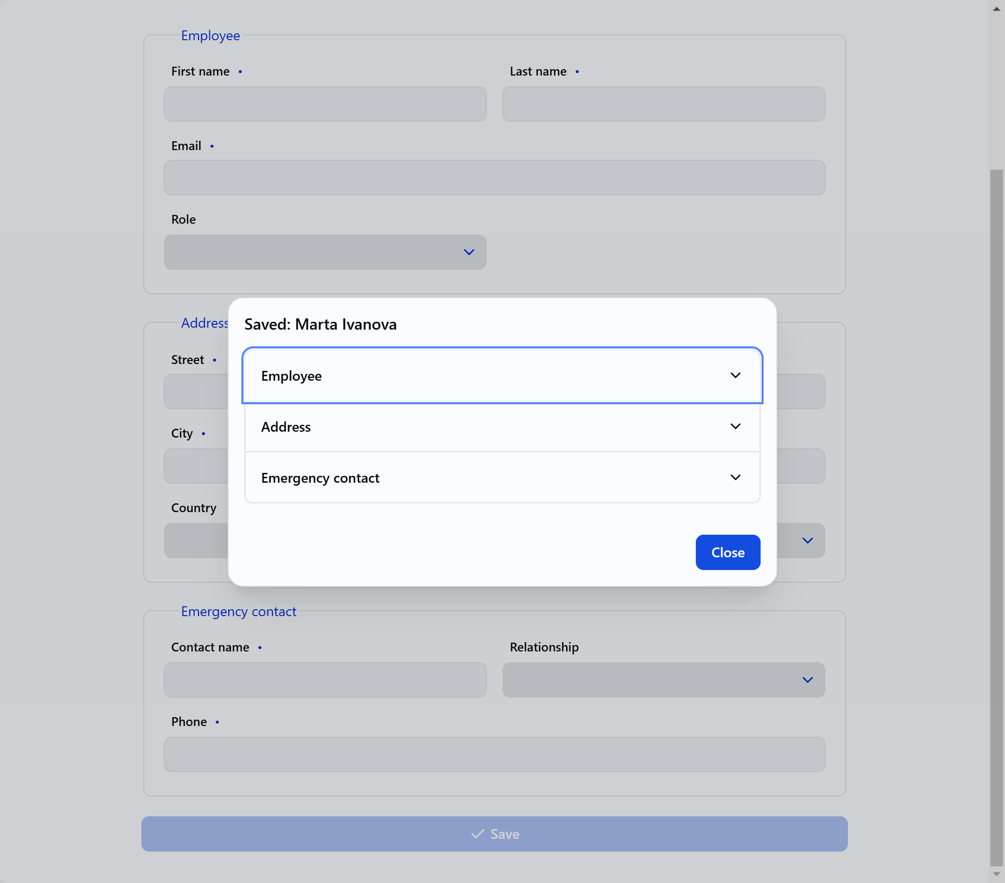 save confirmation dialog with an accordion showing Employee, Address, and Emergency contact panels