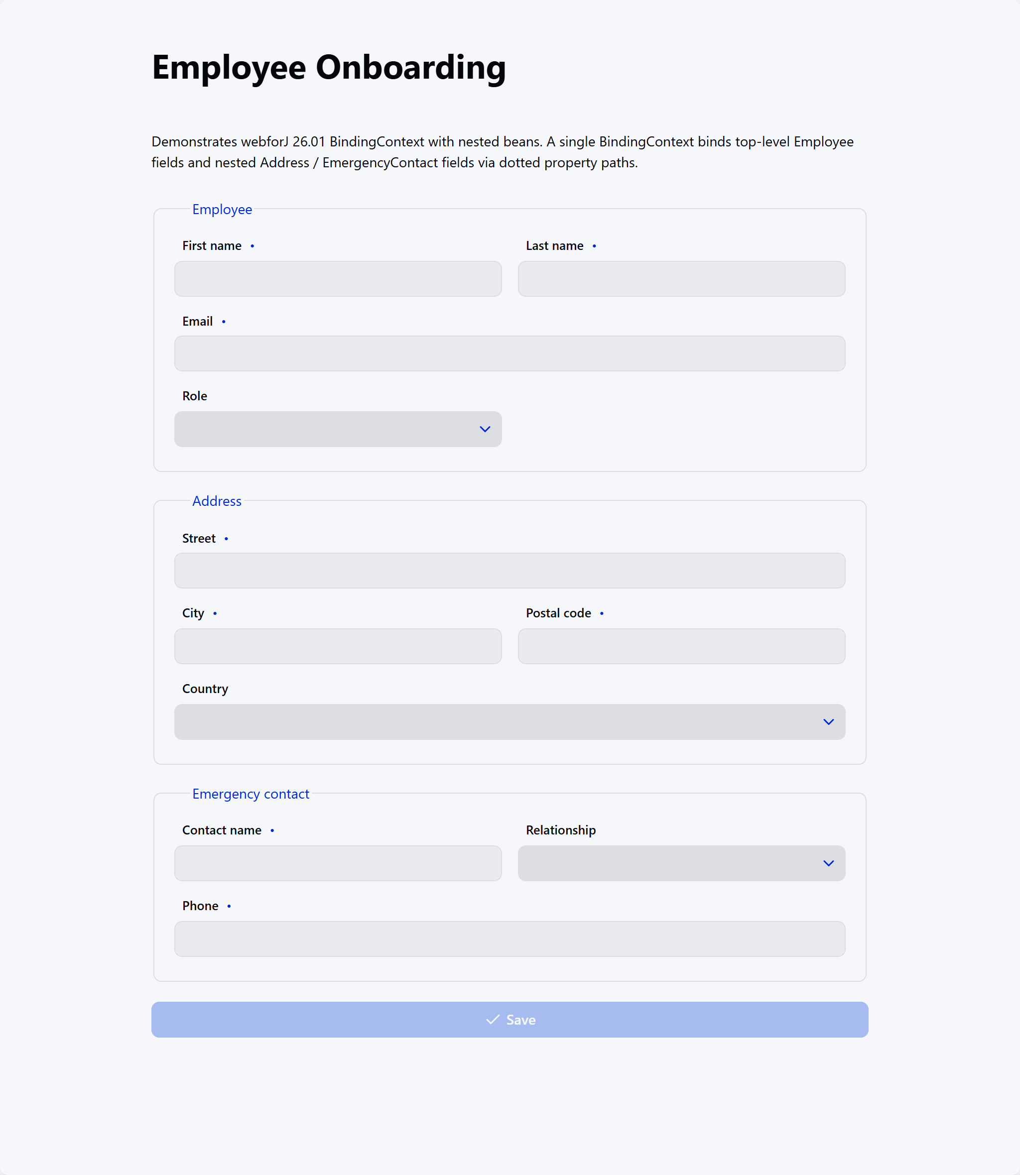 empty employee onboarding form with three grouped sections