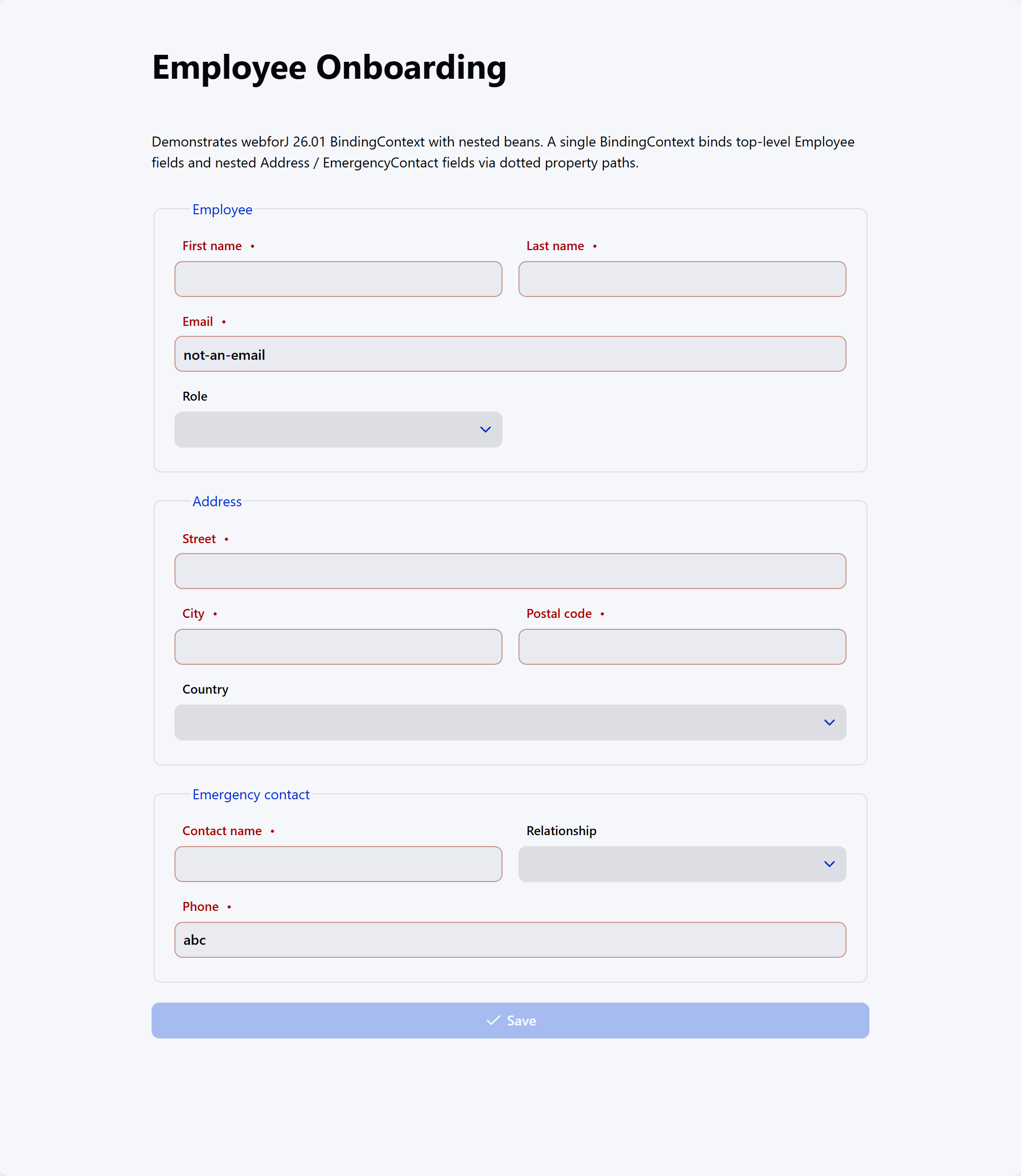 form with validation errors on required fields across all three sections